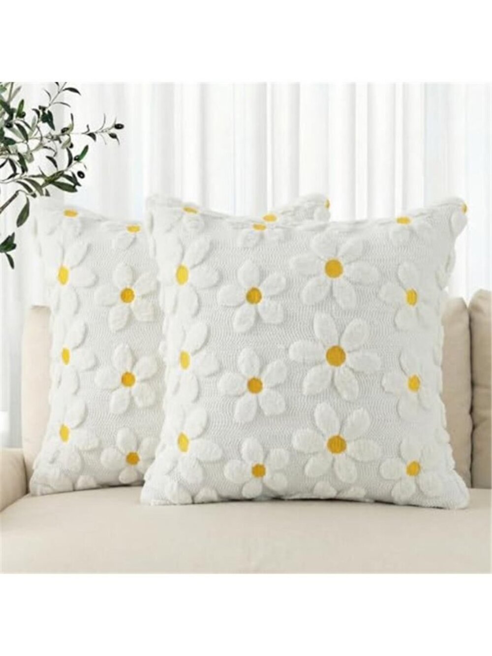 Spring Summer Cream White Daisy Throw Pillow Covers Set of 2, 18x18 - Picture 3 of 7